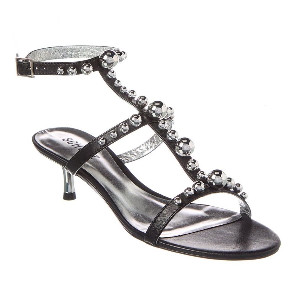 SCHUTZ Black and Silver Strappy Heels with Studded T-Strap